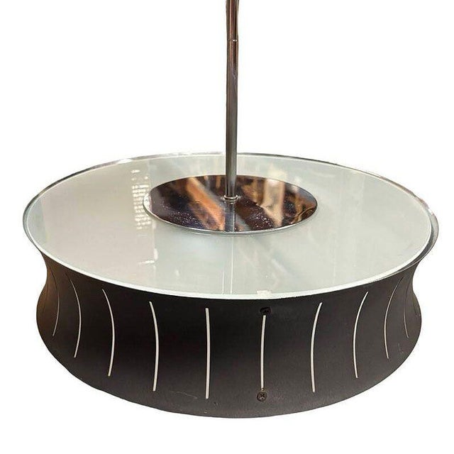 1950s Restored Mid-Century Googie Drum Pendent Black and White Chandelier Lighting For Sale - Image 4 of 7