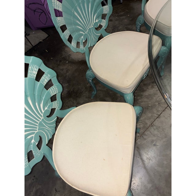 Veneman Hollywood Regency Cast Aluminum Clamshell Set With Attached Tags Includes Four Chairs, Two Bar Stools, and Glass Top Pedestal Table, 7 Pieces For Sale - Image 10 of 12
