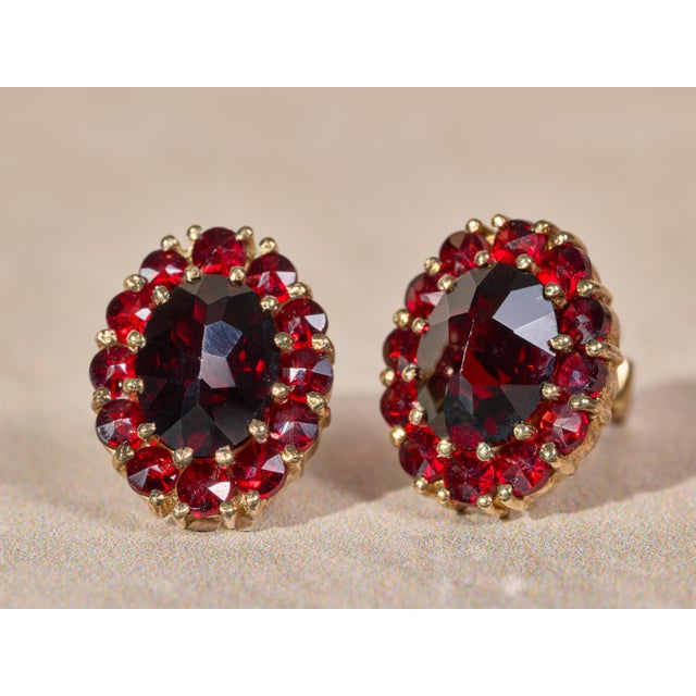 The Coronados: Ladies 14K Yellow Gold Bohemian Earrings set with Garnet, 2 Pieces For Sale - Image 4 of 6