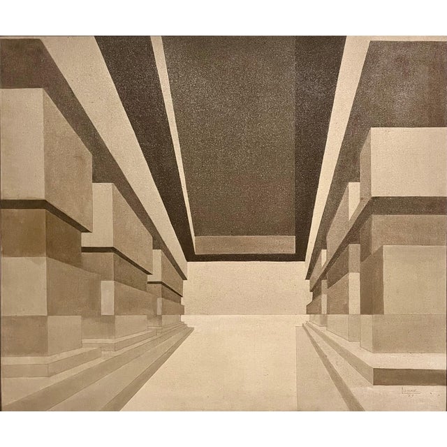 Emerio Dario Lunar, Venezuelan Surrealism Architectural Oil Painting Emerio Lunar Latin American Art, 1979 For Sale