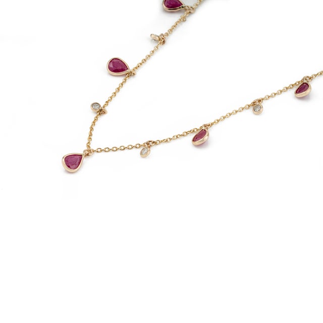 Metal 14k Yellow Gold Ruby Drop Station Necklace With Diamond Accents Layering Jewelry For Sale - Image 7 of 13