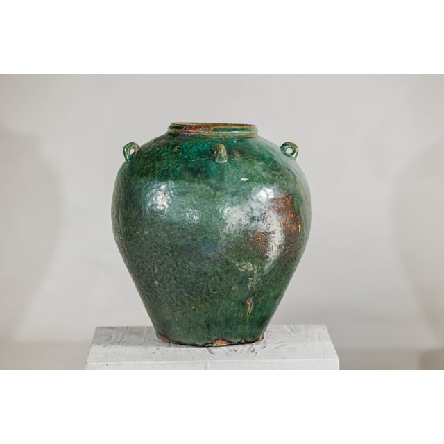 Antique Thai Green-Glazed Water Jar Planter with Loop Handles For Sale - Image 4 of 18