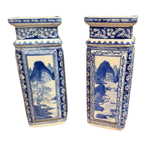 Vintage Chinese Qianlong Style Blue and White Porcelain Vases- a Pair