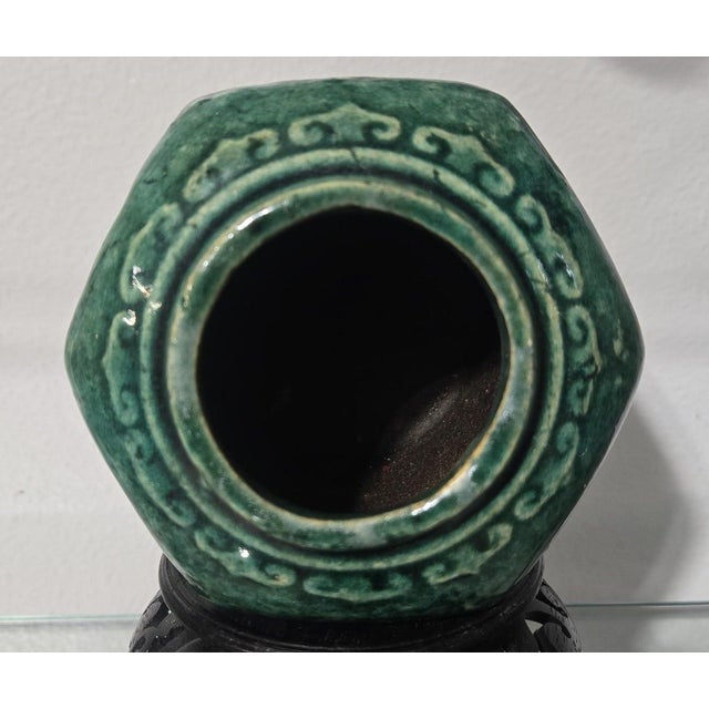 Antique Chinese Jade green glazed Shiwan clay earthenware ginger jar. Deep green colorwith a hexagon shape, these jars...