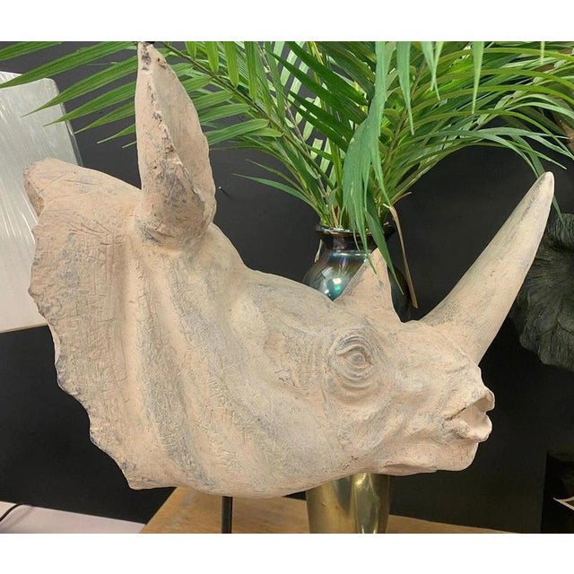 Large Realistic Rhinoceros Head Bust Sculpture on Metal Stand For Sale - Image 4 of 12
