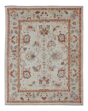 Turkish Oushak Rug With Muted Color Palette and All-Over Flower Design