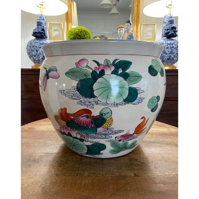 Chinoiserie Vintage Mid to Late 20th Century Brightly-Colored Lily Pad Koi Fish Bowl For Sale - Image 3 of 8