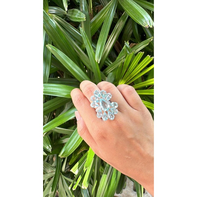 Set in 18k White Gold, 16.20 Carats Aquamarine & Diamond Oversized Cocktail Ring, Size 6 For Sale - Image 6 of 13