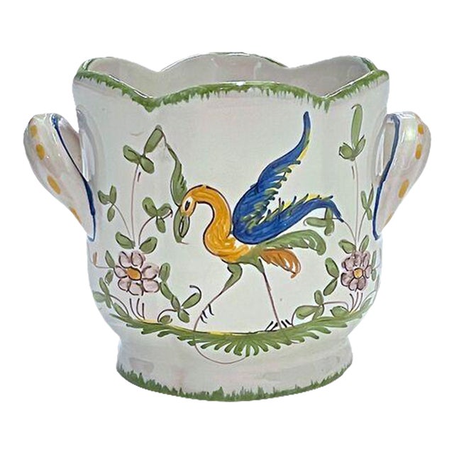 Vintage Hand-Painted Phoenix & Floral Cachepot For Sale
