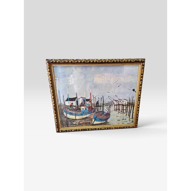French 1960s Jacques Bouyssou Signed French Harbor Painting “Le Port Du Bec” – Original Framed Maritime Artwork For Sale - Image 3 of 12