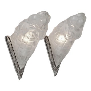 Degue French Art Deco Nickeled Bronze & Floral Frosted Glass Slip Shade Wall Sconces 1930s - A Pair For Sale
