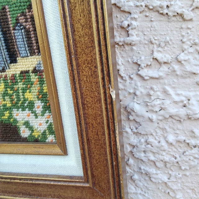 1970s Framed Needlepoint Country Scene Church With Steeple For Sale - Image 9 of 12