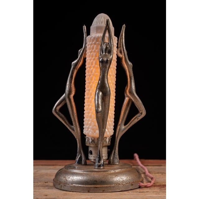Art Deco Early 20th Century Art Deco Three Figure Silvered Metal Table Lamp For Sale - Image 3 of 8