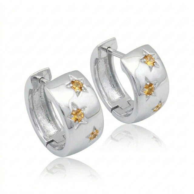 Contemporary Vintage Style Citrine Star Hoop Earrings, 925 Silver Huggie Hoops, November Birthstone Jewelry - A Pair For Sale - Image 3 of 4