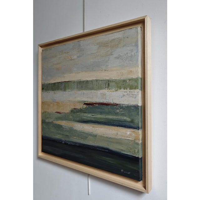 Terres de Lumière de Sophie Dumont, huile sur toile encadrée dans une caisse américaine en bois naturel. Cette peinture...