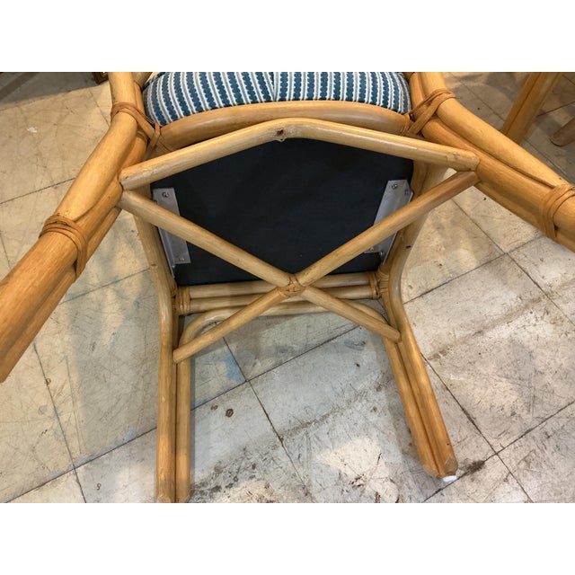 MCM Rattan Bamboo Dining Room Table Set 6 Chairs Glass Top Green Cushions For Sale In Philadelphia - Image 6 of 12