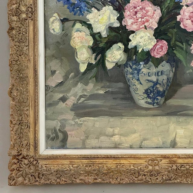 Antique Framed Oil Painting on Canvas by Lucien Hock (1899-1972), Floral Still Life in Delft Pot, Dated 1949 For Sale - Image 10 of 17