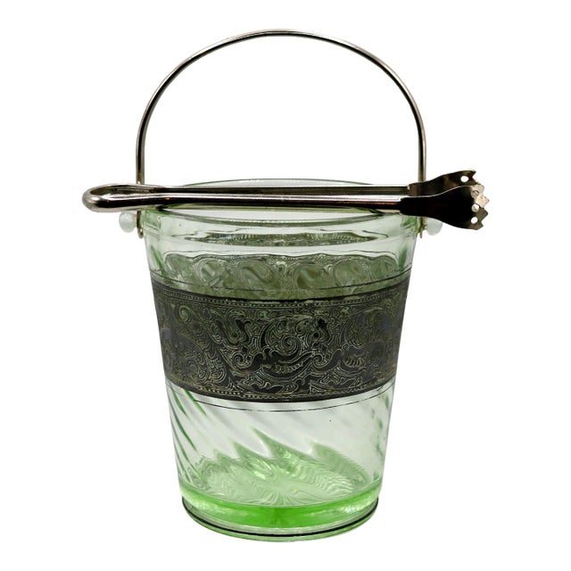 1930s Art Deco Green Uranium Glass Ice Bucket With Silver Overlay & Chrome Tongs - 2 Piece Set For Sale