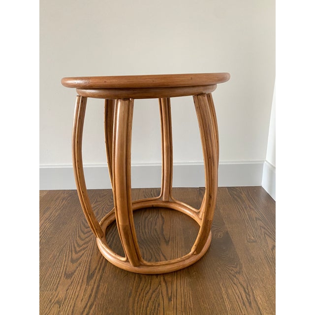 Classic Vintage Rattan Drum Side Table w/ Laminate top, In the Style of McGuire ~ though no leather strapping. It is...
