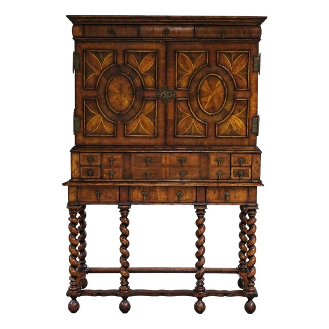 Jonathan Charles Contemporary William and Mary Walnut Secretaire Cabinet on Stand Oyster Veneers For Sale