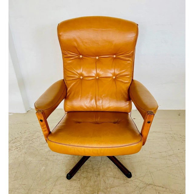 Vintage swedish mid century tan leather reclining swivel chair by gøte mobler made in sweden, circa 1970s, designed by...