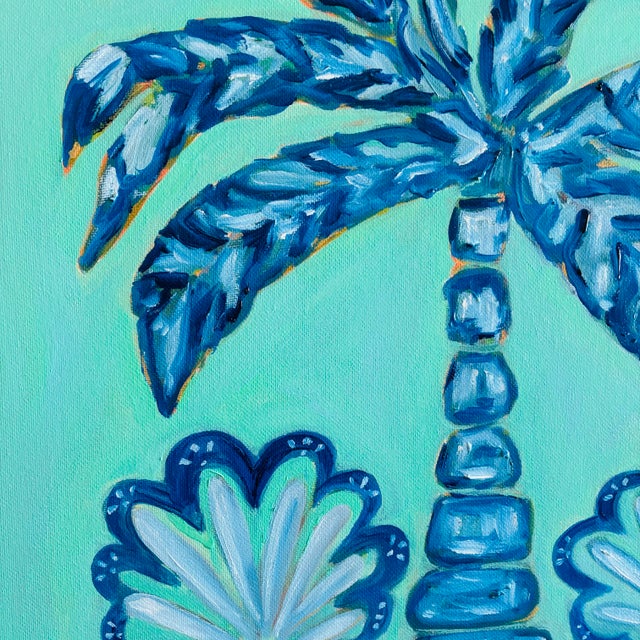 2020s Tatiana Duperault Palm Tree Original Oil Painting, Signed, Blue and Green Chinoiserie, Faux Bamboo Frame For Sale - Image 5 of 5