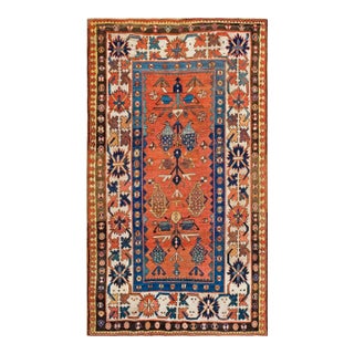 1880s Red Rust Geometric Tribal Antique Caucasian Kazak Rug 4'5" X 7'3" Handknotted Wool Carpet For Sale