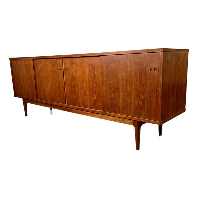 Mid Century Danish Modern Long Low Long Teak 4 Door Credenza by Kofod Larsen, Attributed For Sale