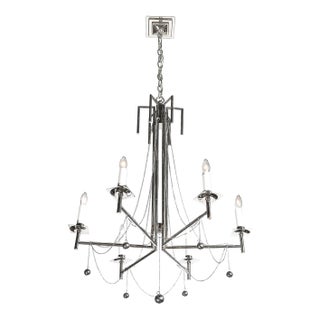 Modernist Polished Nickel Six Arm Chandelier W/ Chain & Spherical Detailing For Sale