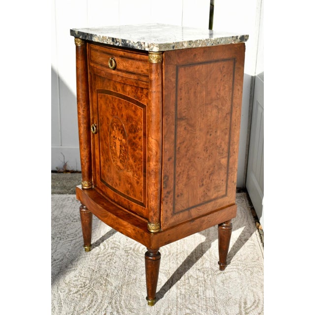 Late 19th Century Antique French Inalid BurlWood Marble Top Cabinet/Stand W/Brass Mounts For Sale - Image 5 of 13