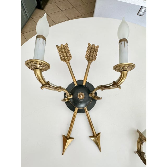 1930s Pair French Empire Style Arrow Swan Wall Sconces For Sale - Image 5 of 15