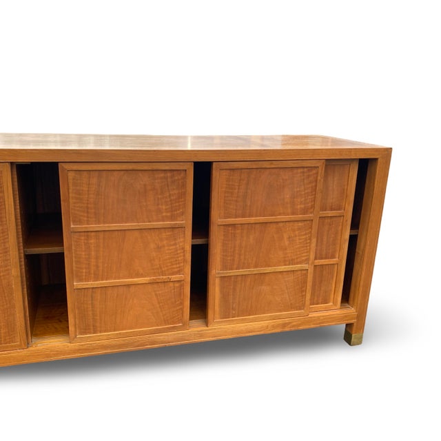 Baker Mid Century Chinoiserie Figured Walnut Brass Mounted Credenza Sideboard For Sale - Image 11 of 18