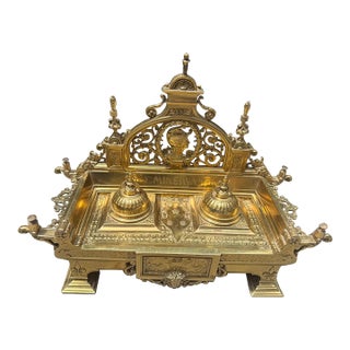 Late 19th Century Ornate Neoclassical Style Brass Double Inkwell Desk Set - "Minerva" & "Medusa" For Sale
