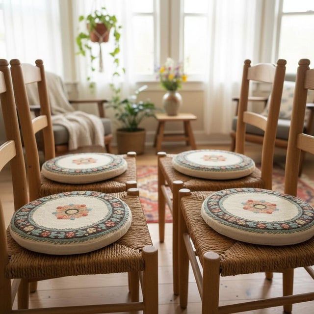 Mediterranean Vintage Handwoven Greek Wool Chair Cushions-Set of 4-Floral Round Folk Art-Pads For Sale - Image 3 of 10