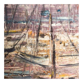 1970s Sgraffito Art Abstract Sail Boats Oil Canvas Modern For Sale