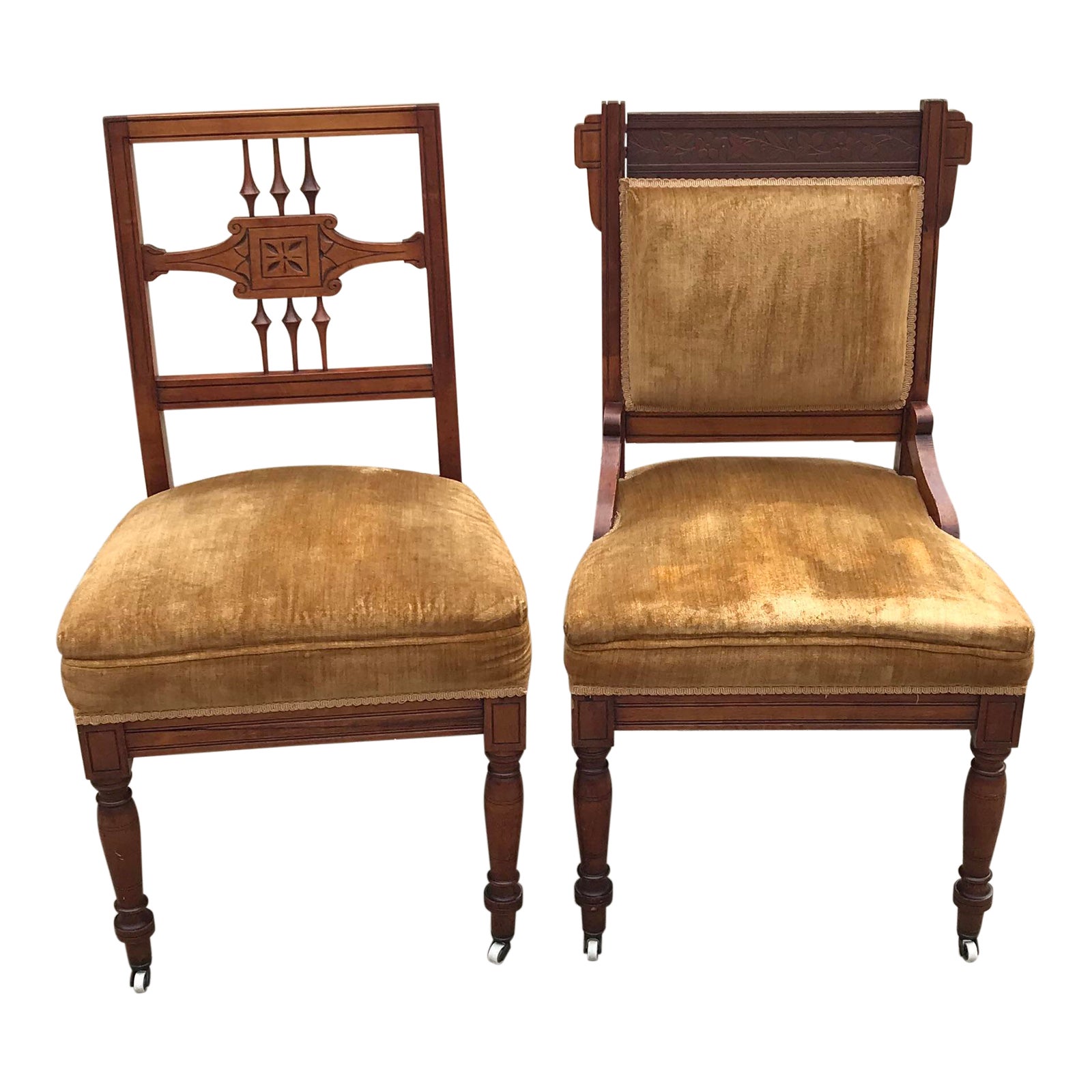 Late 19th Century Antique His and Hers Carved Wooden Chairs A Pair