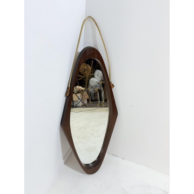 1960s Shield Oval Wall Mirror in Teak, Rope, and Leather, Italy, 1960s For Sale - Image 5 of 11