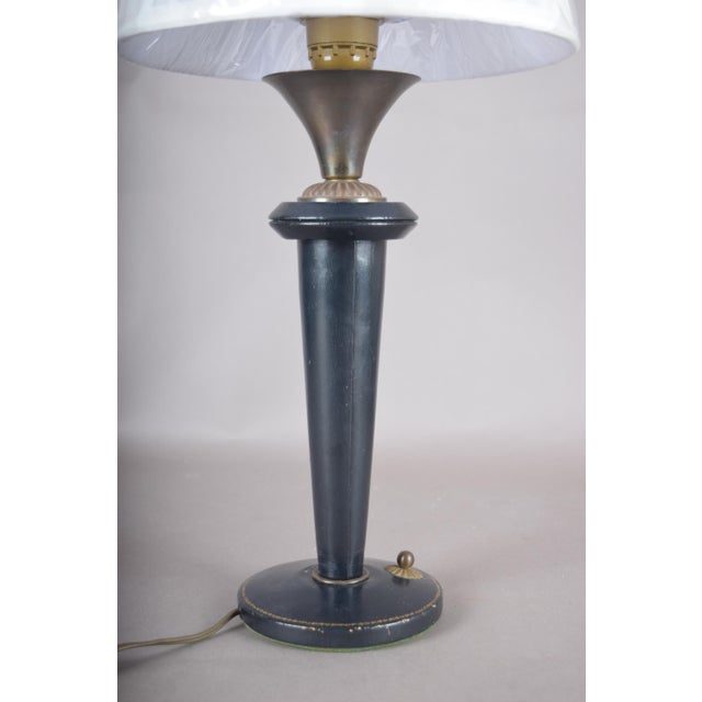 Navy Blue Leather and Brass Table Lamp with Pleated Shade, 1950s For Sale - Image 13 of 18