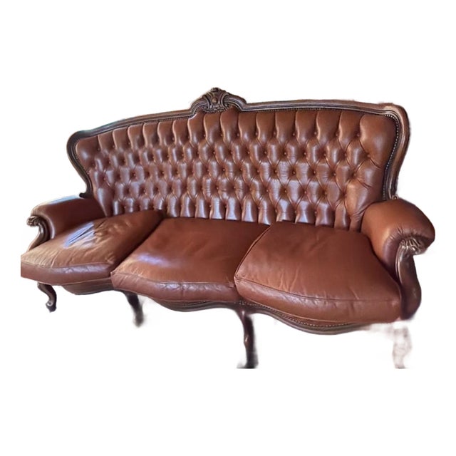 Victorian Style Tufted Leather Sofa With Carved Wood Frame, Vintage For Sale