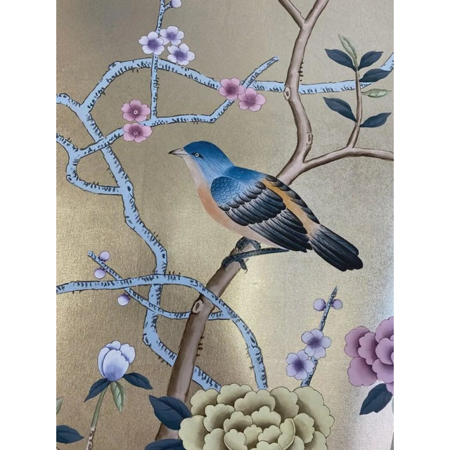Luxury Hand Painted Champagne Silver Wallpaper With Birds & Floral Branches, Elegant Chinoiserie Botanical Wall Mural, Custom Oriental Wallcovering For Sale - Image 6 of 8