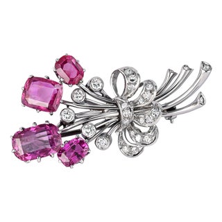Agl Certified No Heat Ceylon Pink Sapphire and Diamond Platinum Floral Brooch For Sale