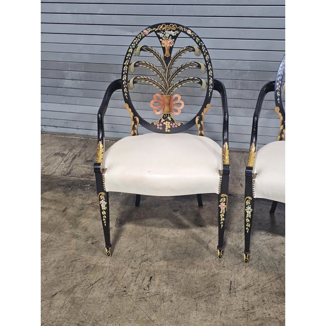 Karges Furniture Late 20th Century Pair of Karges Hepplewhite Plum Arm Chairs Ebonized, Carved Hand Painted Leather Fabric For Sale - Image 4 of 12