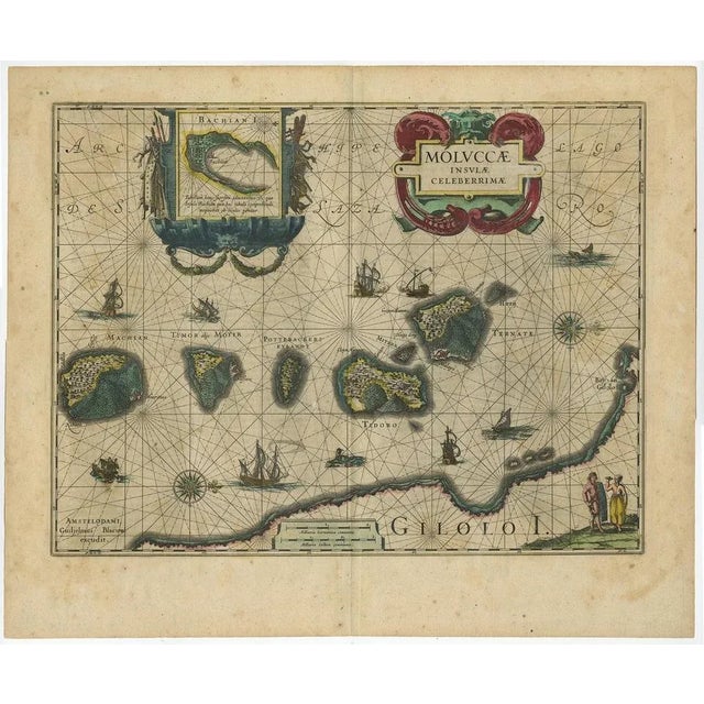 Antique map titled 'Moluccae Insulae Celeberrimae'. Decorative map of the Spice Islands. Inset of the Island of Bachian...