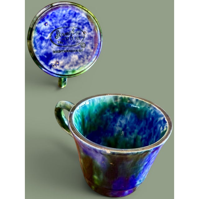 1950s Mid Century Modern Stangl Mediterranean Art Pottery Blue Green Coffee Cups Saucers - Set of 3 For Sale - Image 9 of 11