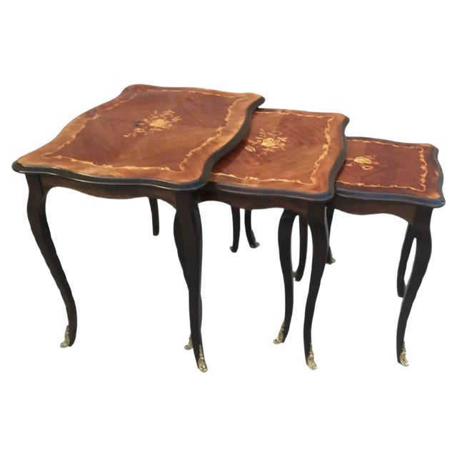 Marquetry Nesting Tables with Cabriole Shaped Legs, 1950s, Set of 3 For Sale