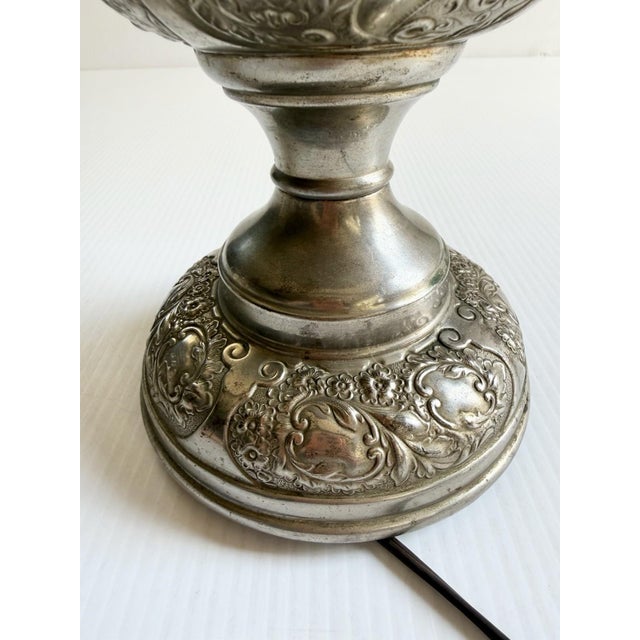 The Meteor Silver Repousse Antique Oil Lamp, Converted to Electric For Sale In Cleveland - Image 6 of 18