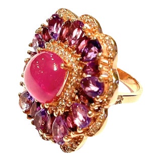 Bochic “Flamenco” Ruby & Fancy Multi Color Gems 18k Gold & Silver Cocktail Ring Size 8 For Sale