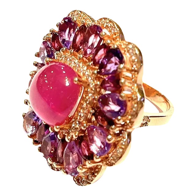 Bochic “Flamenco” Ruby & Fancy Multi Color Gems 18k Gold & Silver Cocktail Ring Size 8 For Sale