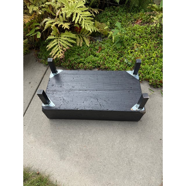 Antique Rustic Black Painted Wood Tool Storage Bench Coffee Table For Sale - Image 13 of 13