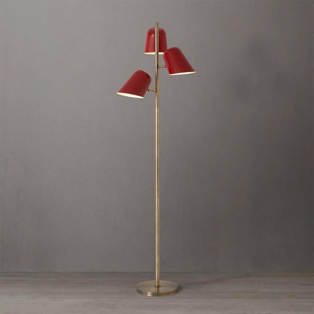 2020s 1960s Mid Century Modern Culver 3-Lighting Tree Brass Floor Lamp - Crimson Red Shades, Weathered Brass For Sale - Image 5 of 8